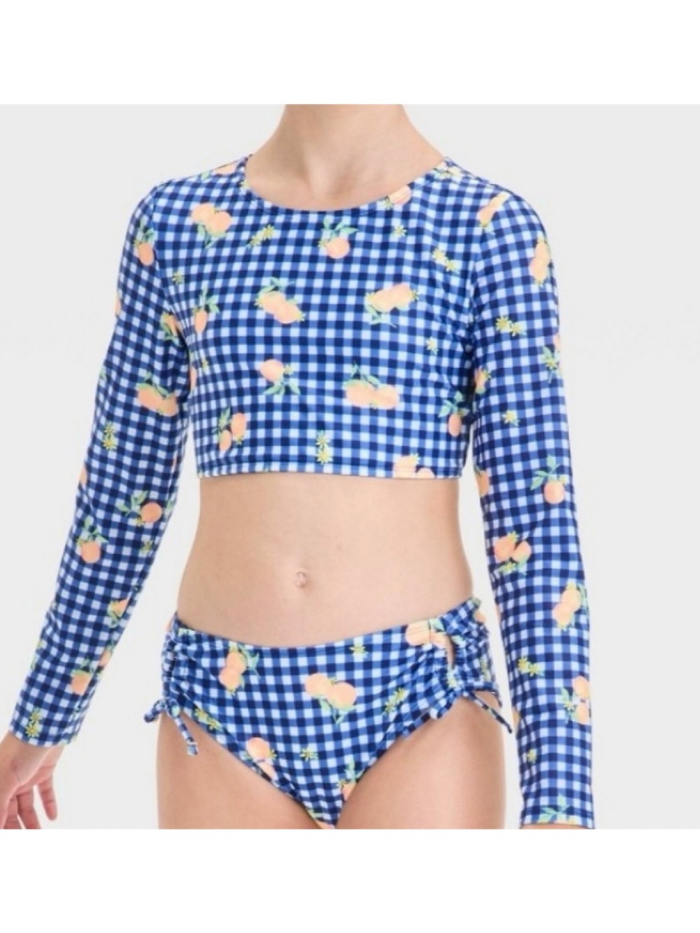 Art Class Blue Gingham Peach Print Long-Sleeve Swim Set (Size Medium - 8)